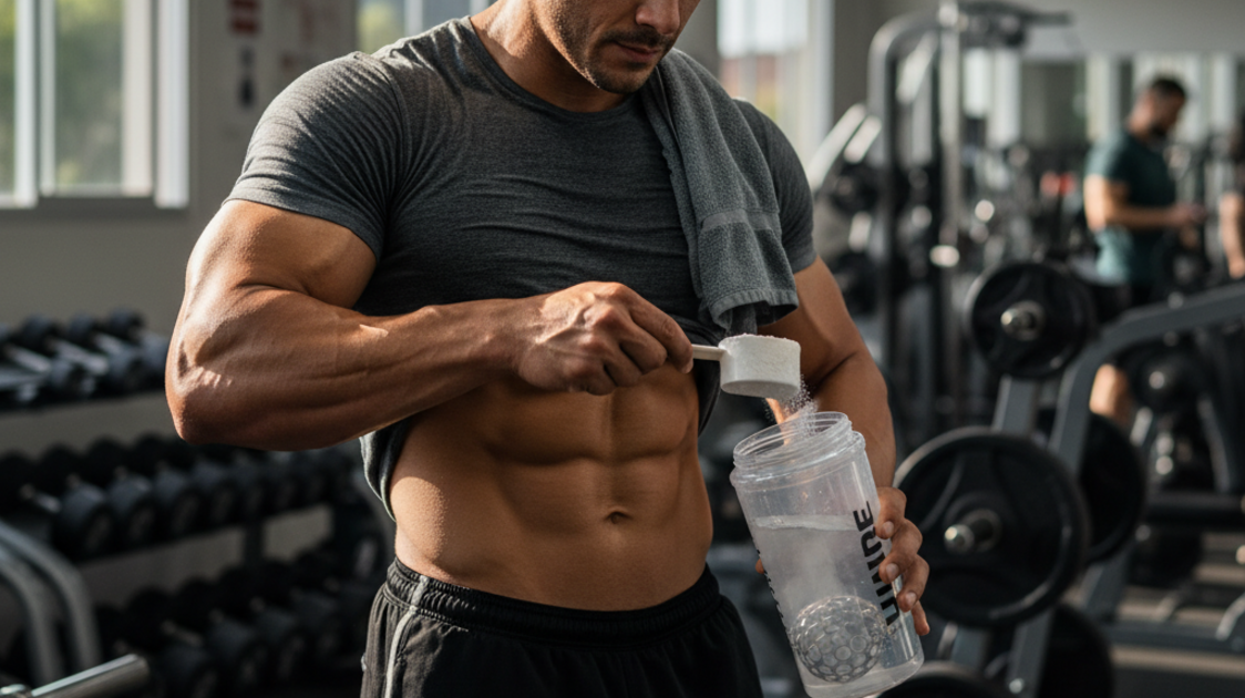 Homem musculoso misturando creatina no shaker após o treino na academia