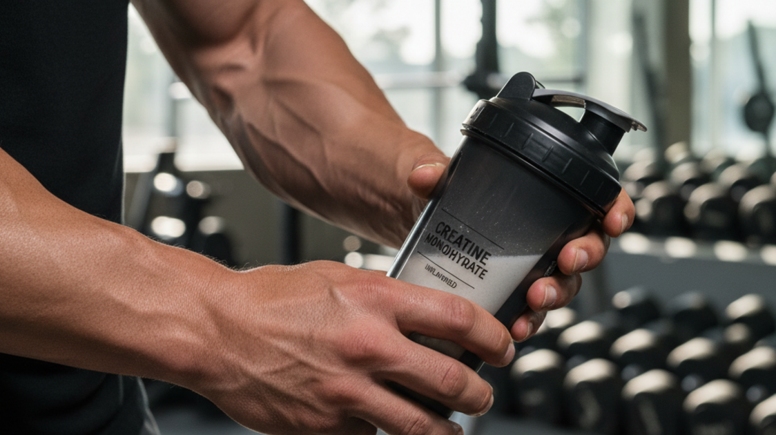 Homem musculoso segurando shaker com creatina na academia após o treino