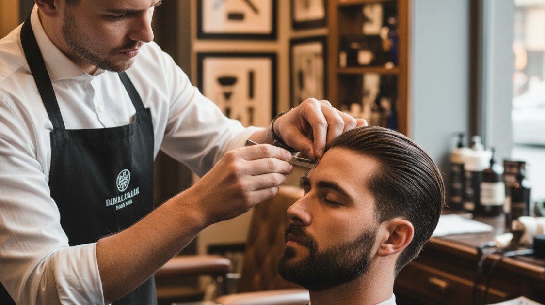 Barbeiro fazendo design de sobrancelha masculina