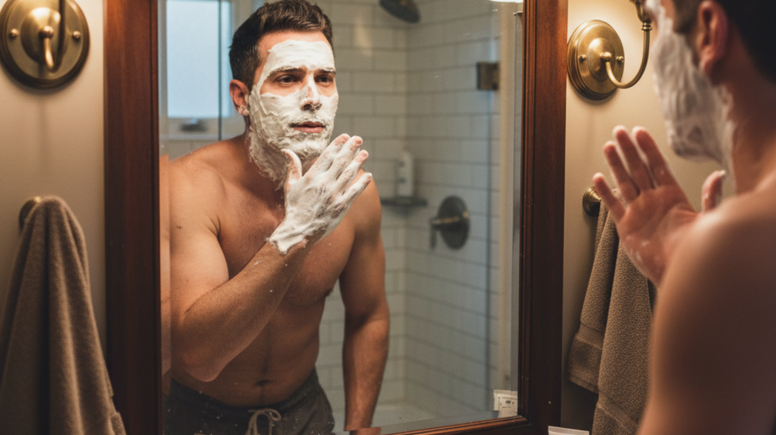 Homem aplicando espuma de barbear no rosto para barbeada suave sem irritação