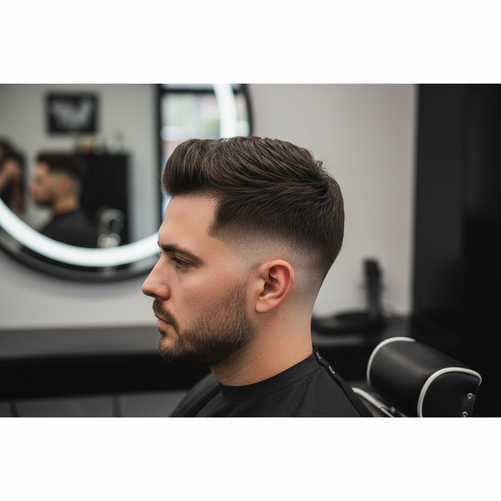 Close lateral de homem adulto mostrando a transição precisa de um corte fade em barbearia sofisticada.