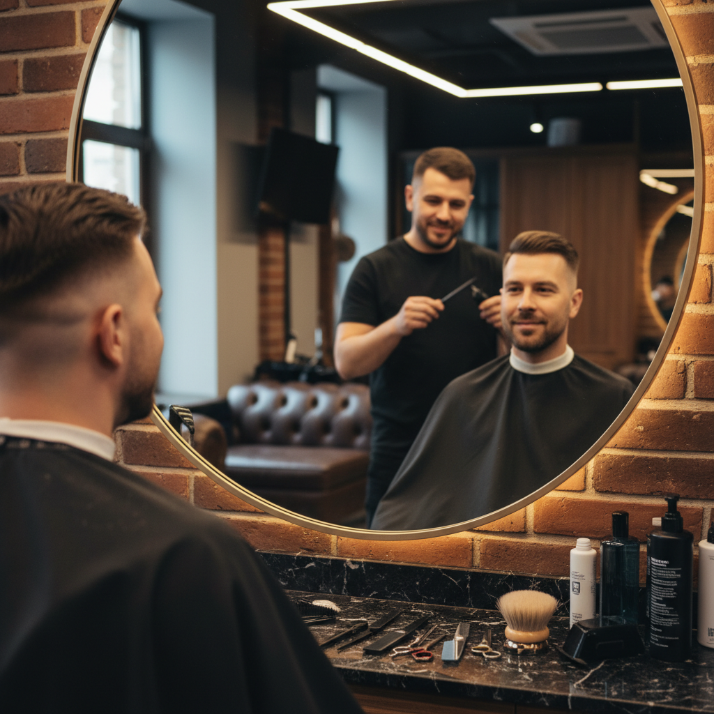 Homem adulto observando no espelho o resultado de um corte fade recém-finalizado em barbearia premium.