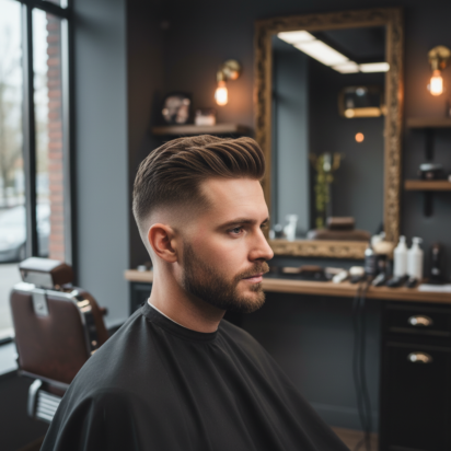 Homem adulto em barbearia moderna com corte mid fade bem marcado e topo texturizado, em enquadramento lateral elegante.