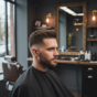 Homem adulto em barbearia moderna com corte mid fade bem marcado e topo texturizado, em enquadramento lateral elegante.