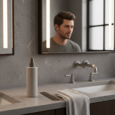 Frasco de spray texturizador sem marca sobre bancada de banheiro premium, com homem ao fundo exibindo cabelo masculino com textura natural e acabamento matte