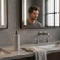 Frasco de spray texturizador sem marca sobre bancada de banheiro premium, com homem ao fundo exibindo cabelo masculino com textura natural e acabamento matte