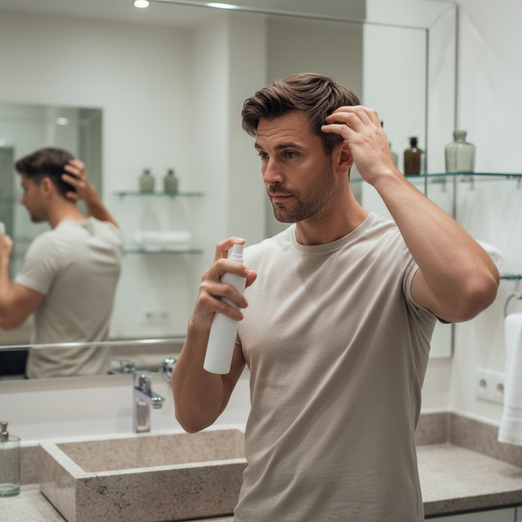 Homem em banheiro sofisticado aplicando spray texturizador no cabelo enquanto ajusta as mechas com a mão, destacando textura natural e volume leve