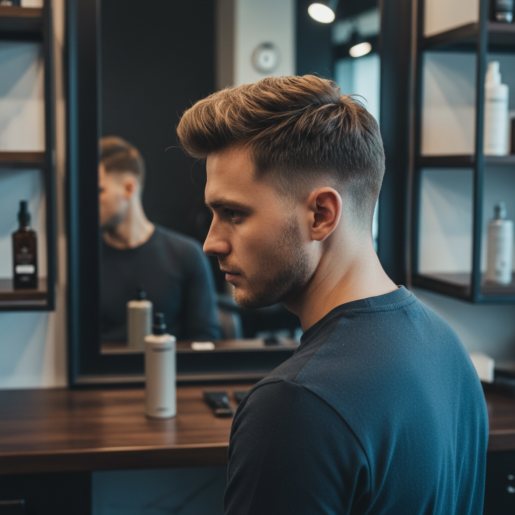 Homem em barbearia premium com cabelo texturizado e acabamento matte, em plano médio fechado, com spray neutro ao fundo e iluminação sofisticada