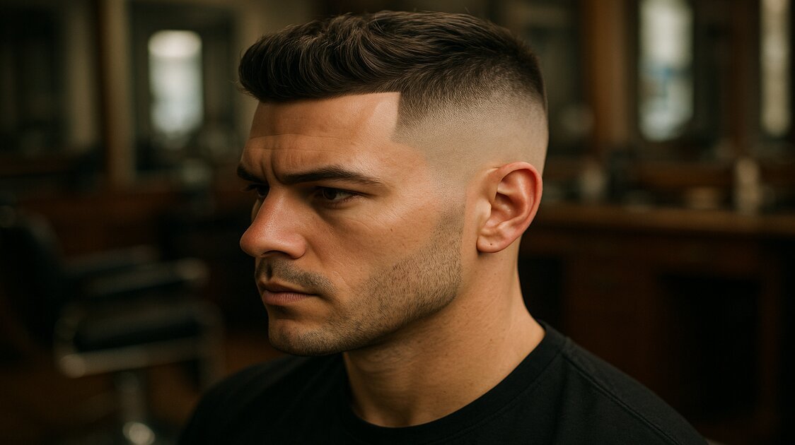 Blowout taper masculino com topo volumoso e laterais limpas