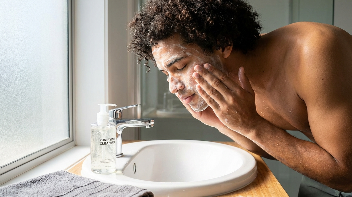 Homem fazendo limpeza de pele no banheiro