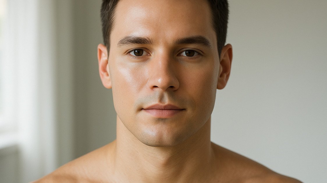 Homem com pele uniforme após rotina de niacinamida