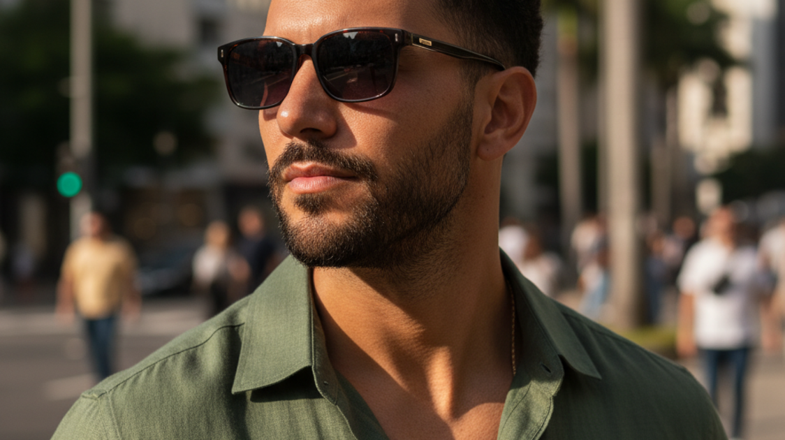 Homem confiante usando óculos de sol quadrados escuros com luz solar lateral, estilo editorial masculino