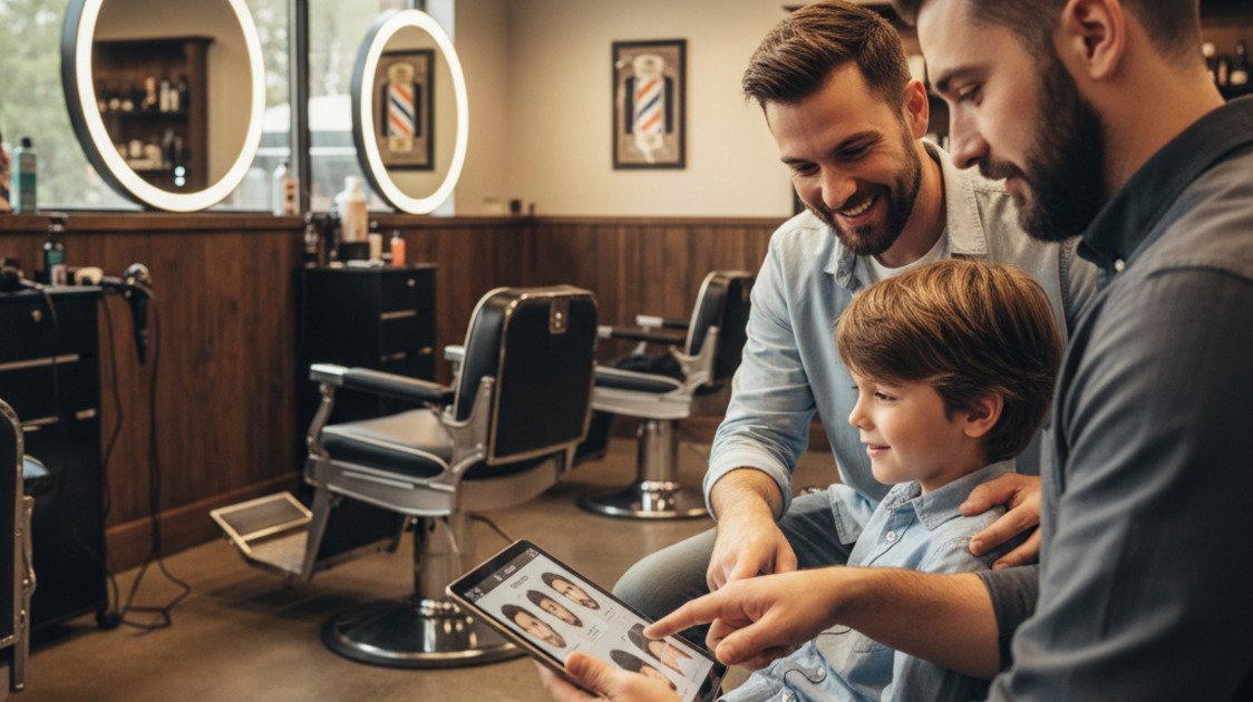 Pai e filho escolhendo corte de cabelo com o barbeiro