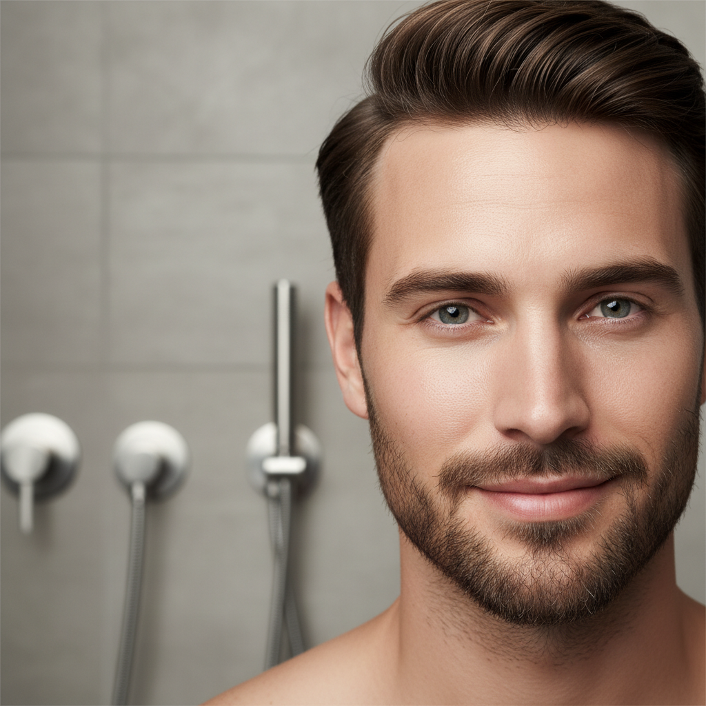 Homem com pele hidratada e saudável, barba aparada curta, resultado de rotina de skincare masculino