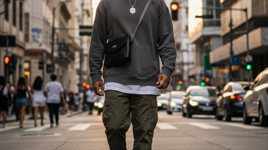 Homem jovem com pochete masculina transversal em cenário urbano