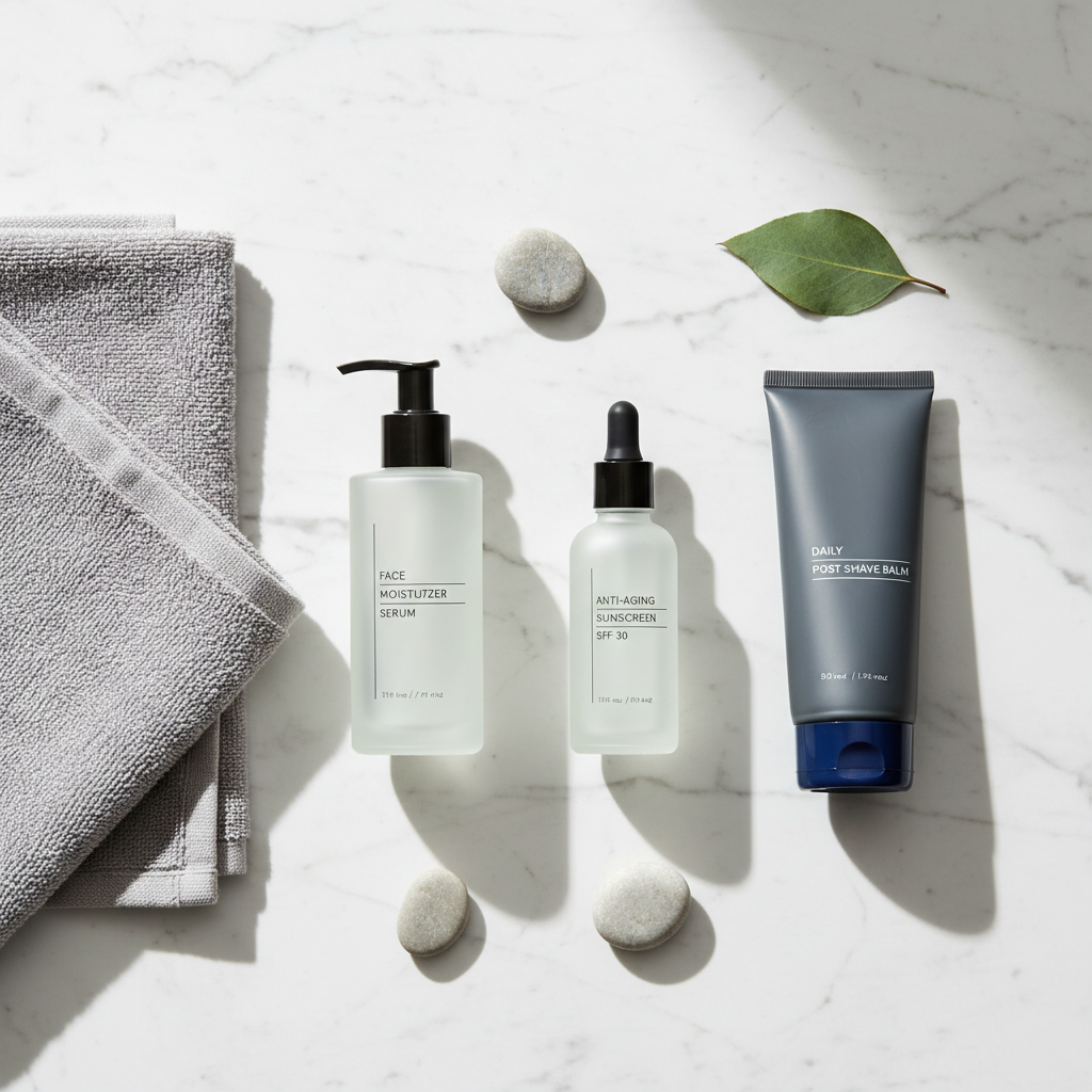 Produtos de skincare masculino: hidratante facial, sérum e loção dispostos em flat lay