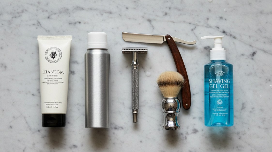 Diferentes tipos de produtos de barbear: creme, espuma, gel e navalha