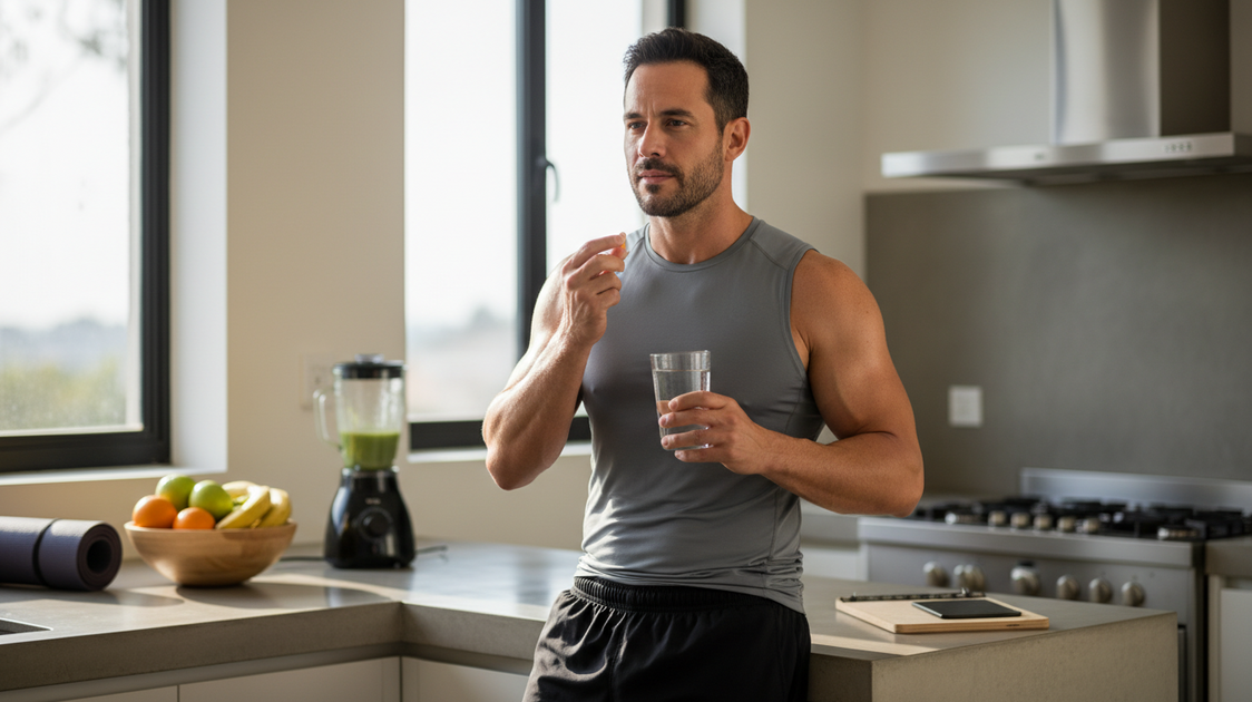 Homem saudável tomando vitamina na cozinha