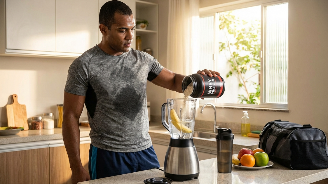 Homem preparando shake de whey protein em casa após o treino