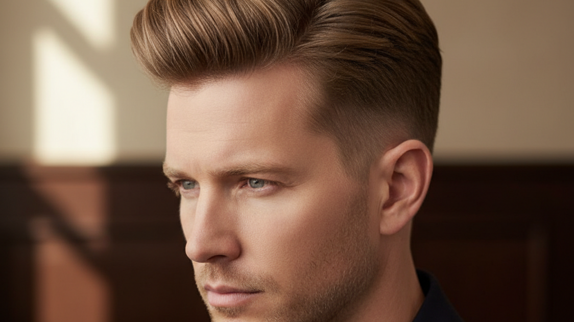 Homem adulto em ângulo três quartos mostrando o volume frontal e a lateral limpa de um quiff masculino.
