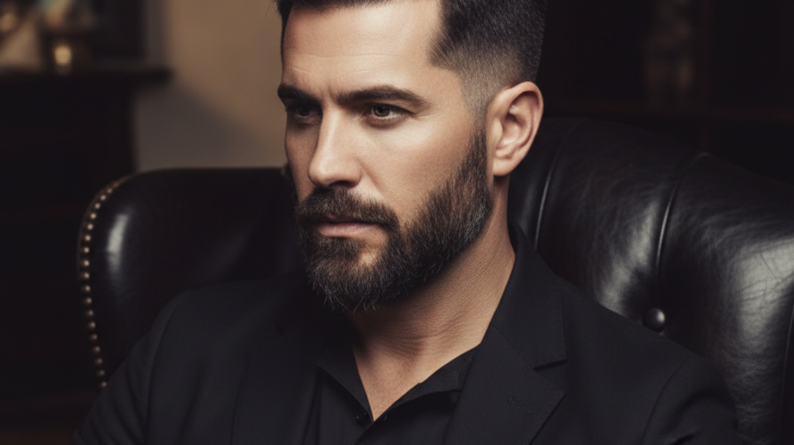 Homem adulto sentado em ambiente premium exibindo quiff masculino com volume frontal e acabamento sofisticado.
