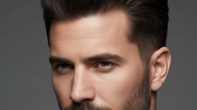 Homem adulto em close com quiff masculino volumoso e bem finalizado, em fundo cinza sofisticado.
