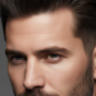 Homem adulto em close com quiff masculino volumoso e bem finalizado, em fundo cinza sofisticado.